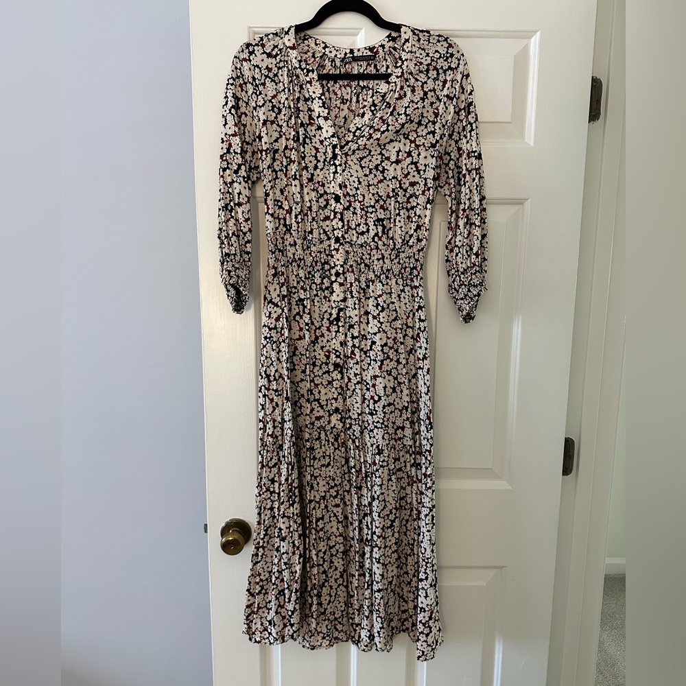 3/4 Sleeve Cinch-Waist Dress, Black/White/Red Floral Print